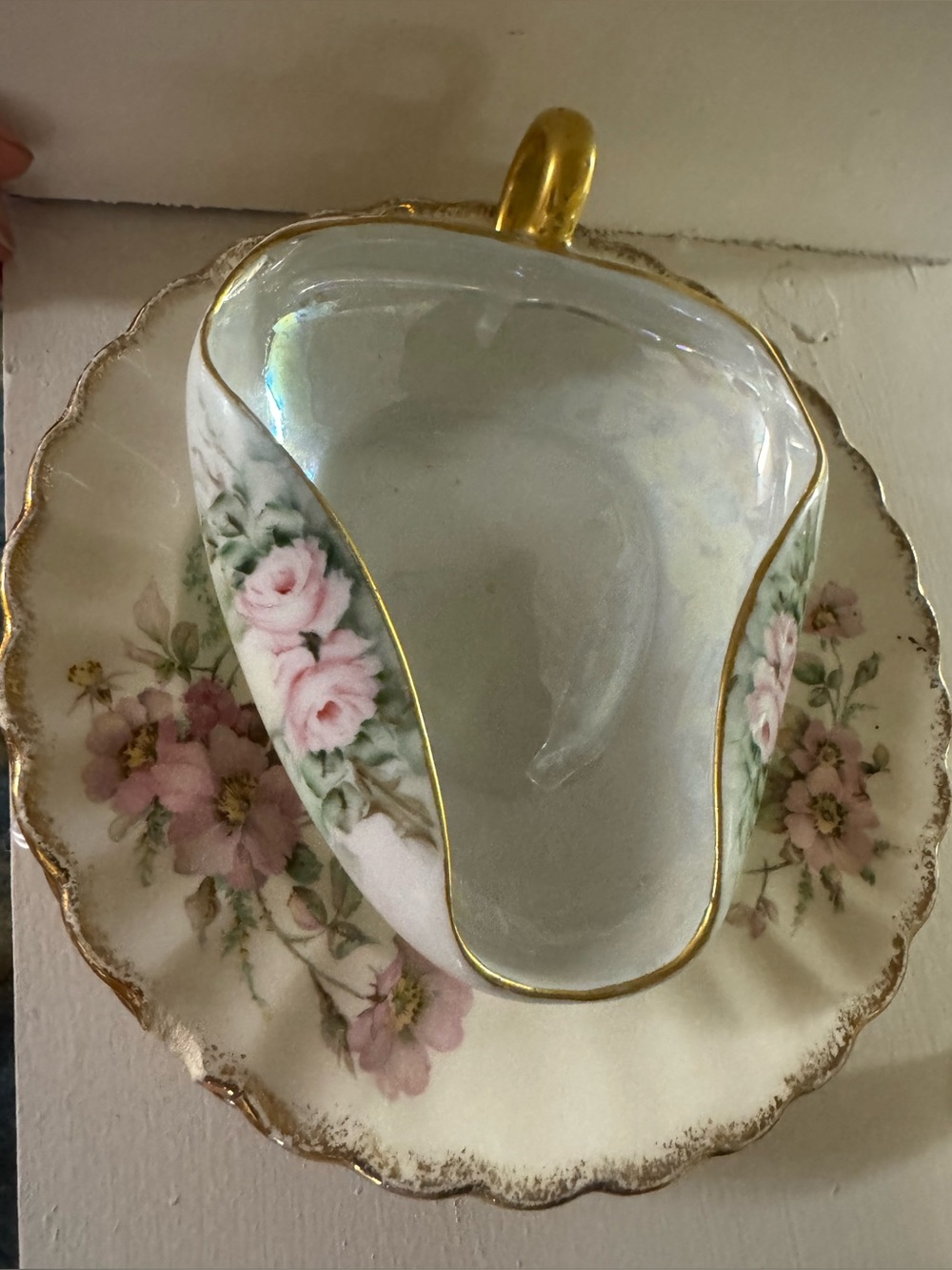 Vintage Porcelain Rose Gravy boat with Gold Trim
